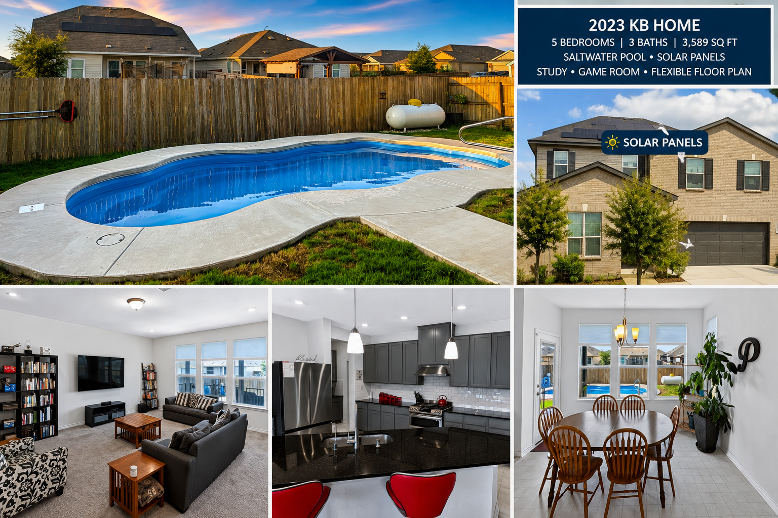 2023 KB Home with saltwater pool, solar panels, and open-concept living spaces